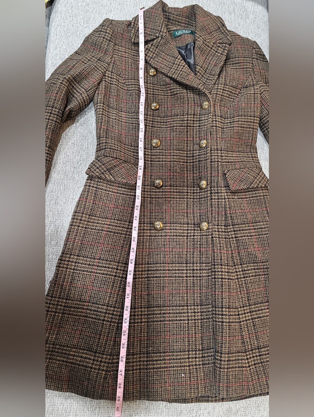 Lauren Ralph Lauren Brown Plaid Double-Breasted Wool-Blend Coat - Picture 9 of 9